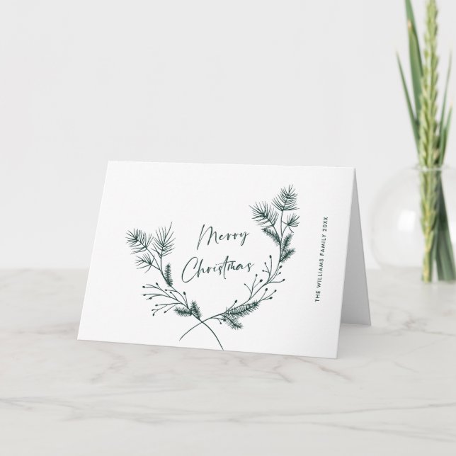 Elegant Hand Drawn Minimalist Christmas Wreath Holiday Card (Front)