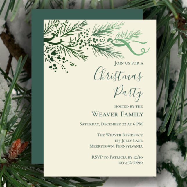 Elegant Hand Drawn Pine Christmas Party invitation (Customize this template for a unique hand drawn pine Christmas party invitation. Elegant sage.
)