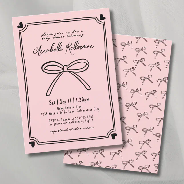 Elegant Hand Drawn Pink Bow Baby Shower Invitation | Zazzle