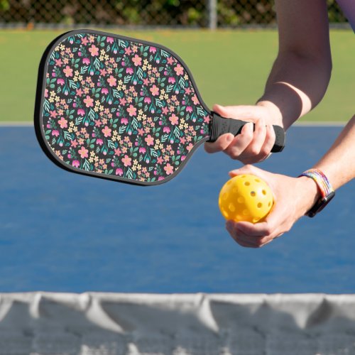 Elegant Hand_Drawn Pink Floral Black Design Pickleball Paddle