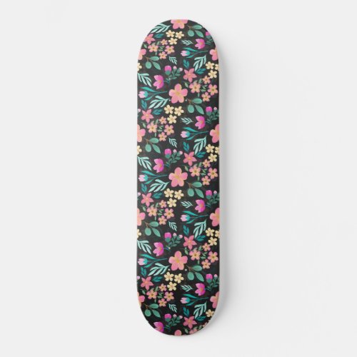 Elegant Hand_Drawn Pink Floral Black Design Skateboard