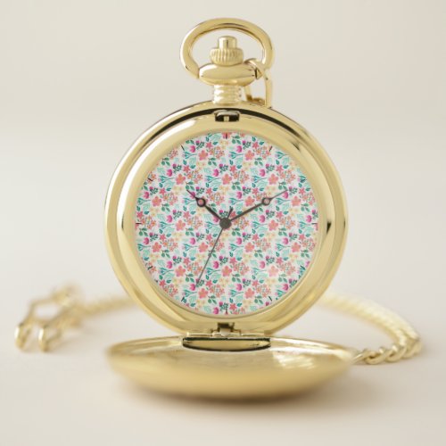 Elegant hand_drawn pink floral design pocket watch