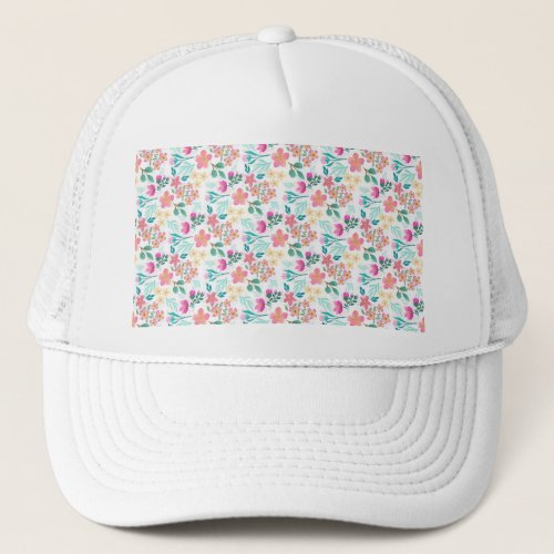 Elegant hand_drawn pink floral design trucker hat