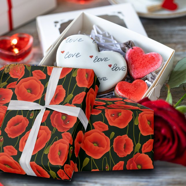 Elegant Hand Drawn Red Green floral pattern Wrapping Paper (#redflowerswrapping #valentine #zazzlemade)