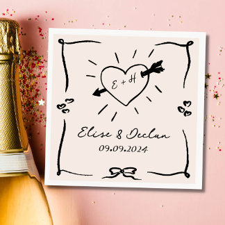 Elegant Hand Drawn Retro Black Wedding Napkins