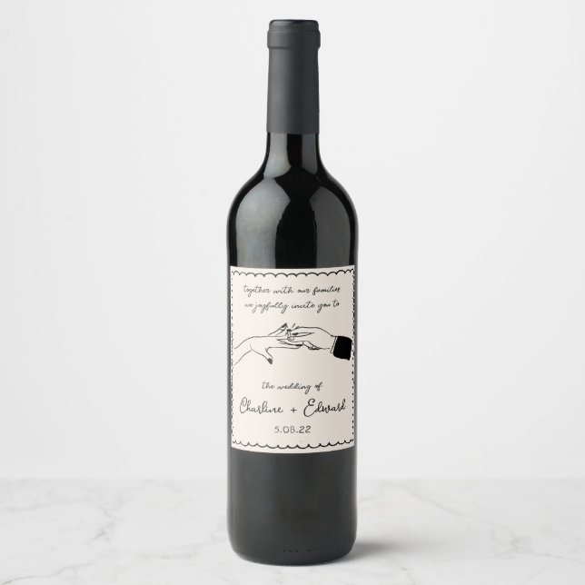 Elegant Hand Drawn Retro Black Wedding Wine Label (Front)