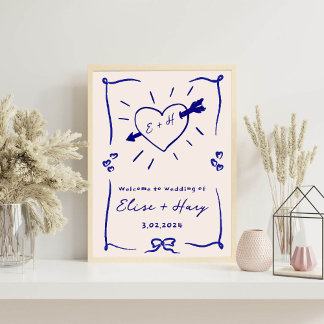 Elegant Hand Drawn Retro BLue Wedding Foam Board