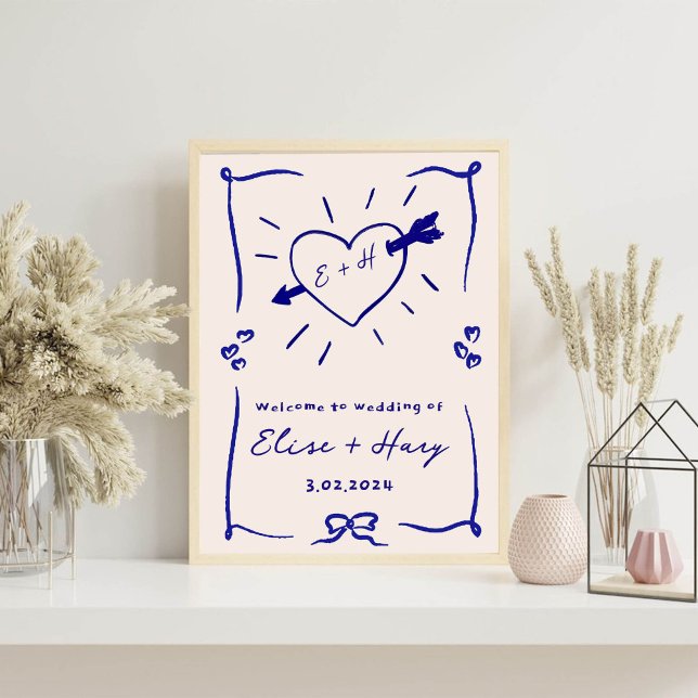Elegant Hand Drawn Retro BLue Wedding Foam Board (Creator Uploaded)