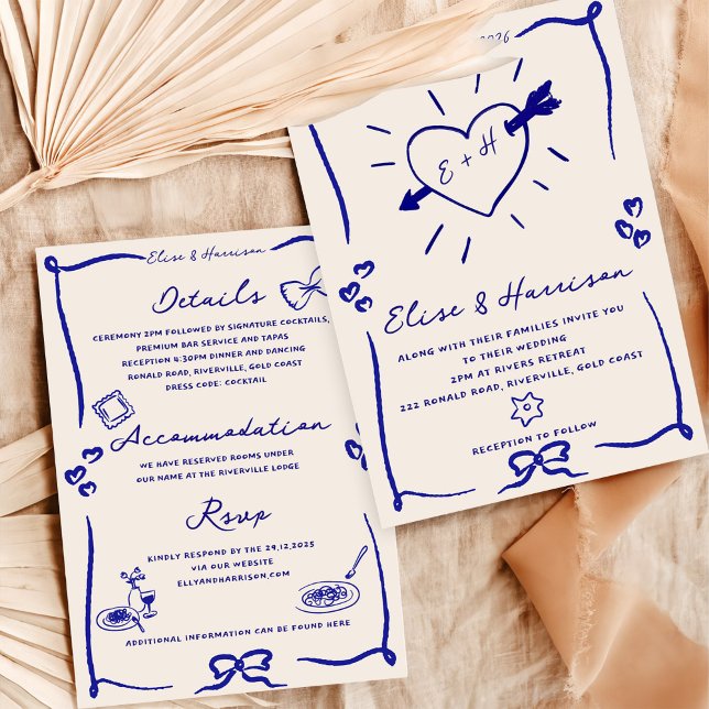 Elegant Hand Drawn Retro Blue Wedding Invitation (Creator Uploaded)