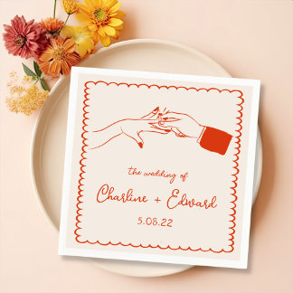 Elegant Hand Drawn Retro Orange Wedding Napkins