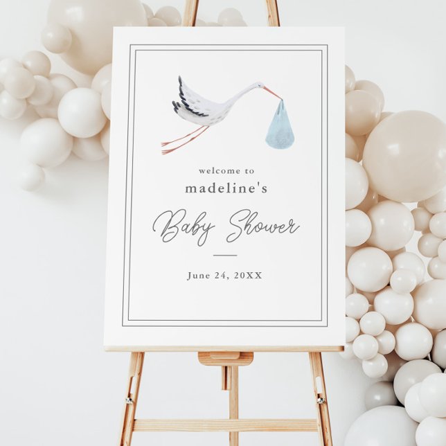 Elegant Hand Drawn Stork Boys Baby Shower Foam Board (Elegant stork baby shower welcome sign.)