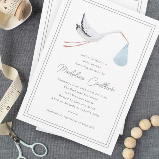 Elegant Hand Drawn Stork Boys Baby Shower Magnetic Invitation (Elegant hand drawn stork baby shower magnetic invitations.)