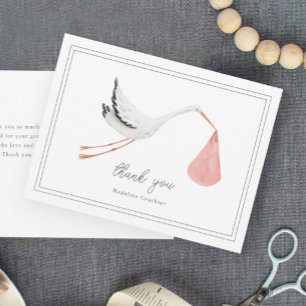 Elegant Hand Drawn Stork Girls Baby Shower Thank You Card