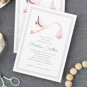 Elegant Hand Drawn Stork Girls Pink Baby Shower Invitation