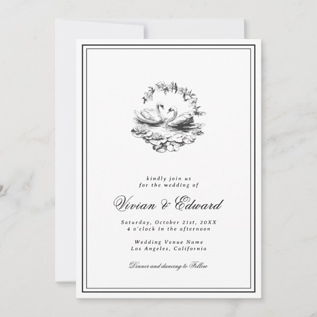 Elegant Hand Drawn Swan Vintage Botanical Wedding Invitation (Front)