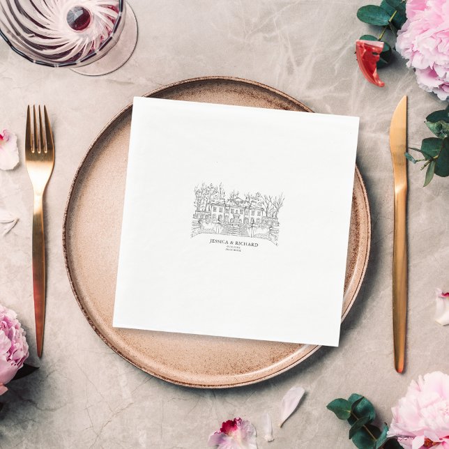 Elegant Hand Drawn Venue Chateau Illustration  Napkins (hand drawn wedding venue illustration, black and white drawing)