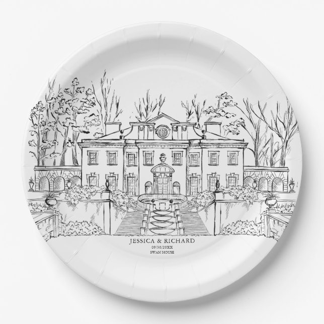 Elegant Hand Drawn Venue Chateau Illustration  Paper Plates (Front)