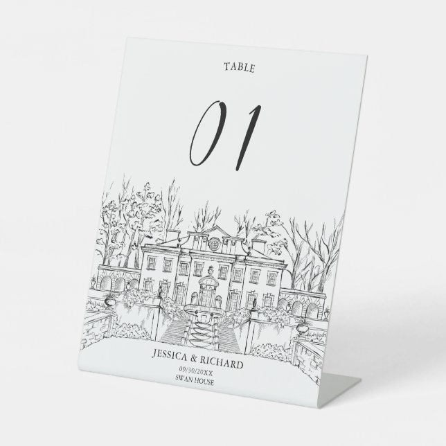Elegant Hand Drawn Venue Chateau Illustration  Pedestal Sign (Front)