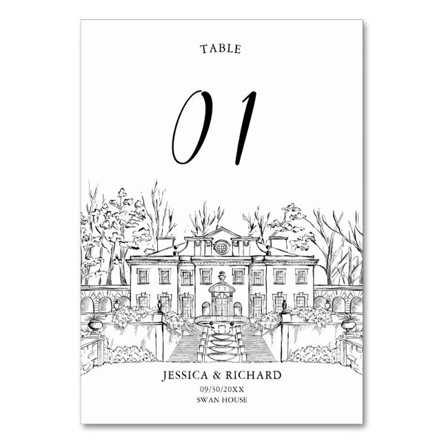 Elegant Hand Drawn Venue Chateau Illustration  Table Number (Front)