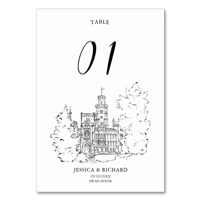 Elegant Hand Drawn Venue Chateau Illustration  Table Number (Front)