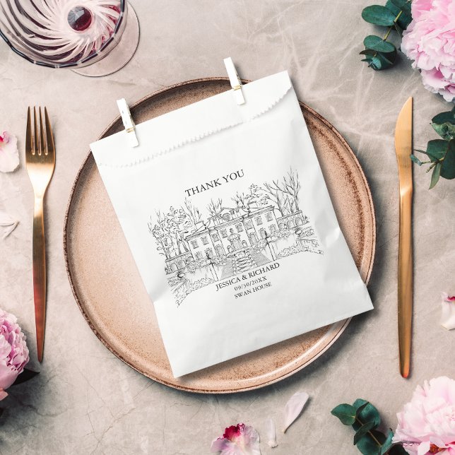 Elegant Hand Drawn Venue Thank You Favor Bag (hand drawn wedding venue swan house USA)