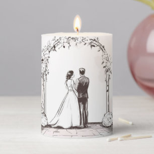 Elegant Hand-Drawn Wedding Couple Floral Arch Pillar Candle