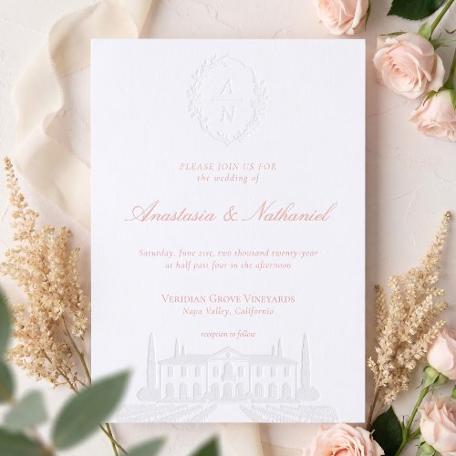 Elegant Hand Drawn Wedding Venue & Monogram Crest Letterpress Invitation