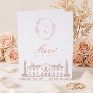 Elegant Hand Drawn Wedding Venue & Monogram Crest Letterpress Thank You Card