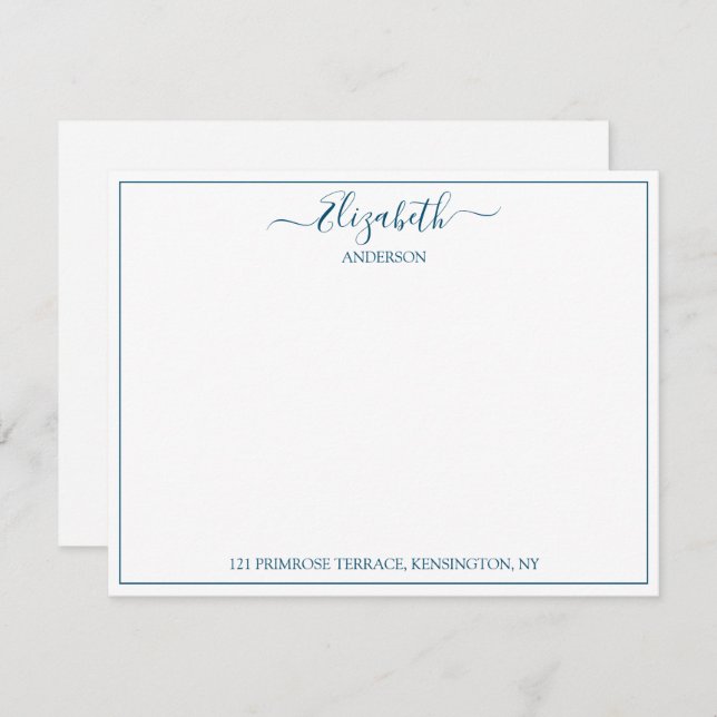 Elegant Hand Lettered Blue Name Address  Note Card (Front/Back)