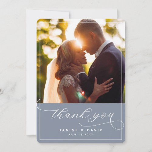 Elegant Hand Lettered Dusty Blue Wedding Photo Thank You Card