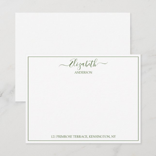 Elegant Hand Lettered Green Name Address  Note Car Card (Front/Back)