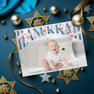 Elegant Hand-Lettered Happy Hanukkah Photo Card