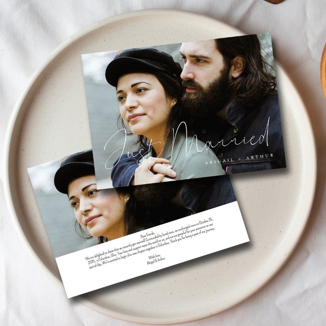 Elegant Hand-Lettered Just Married Wedding Photo Announcement (Elegant Script Just Married _ Modern Wedding Photo Announcement )