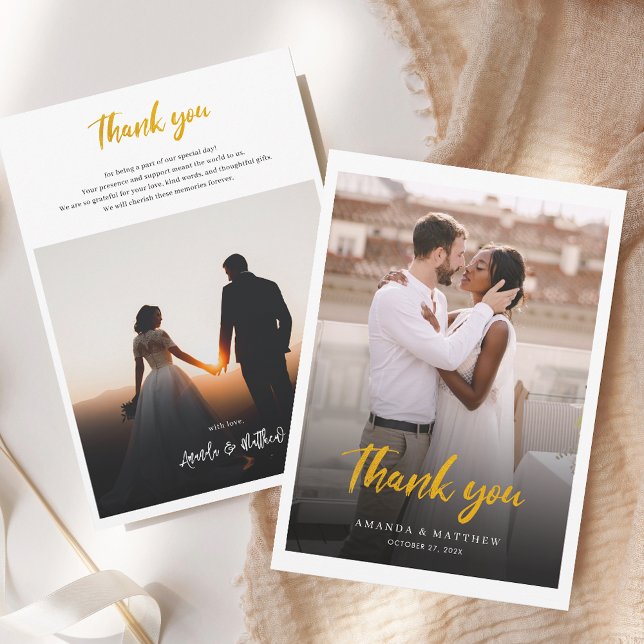 Elegant Hand-Lettered Photo Wedding Thank You Card (Modern 2 Photos Wedding Thank You Card)
