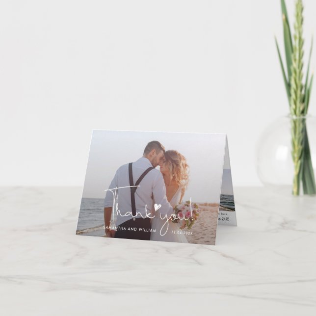 Elegant Hand-Lettered Script Wedding 2 Photo Thank You Card (Front)