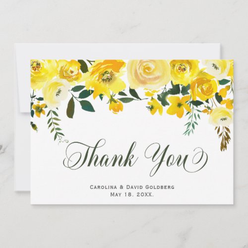 Elegant Hand Lettered Summer Yellow Rose Floral Thank You Card