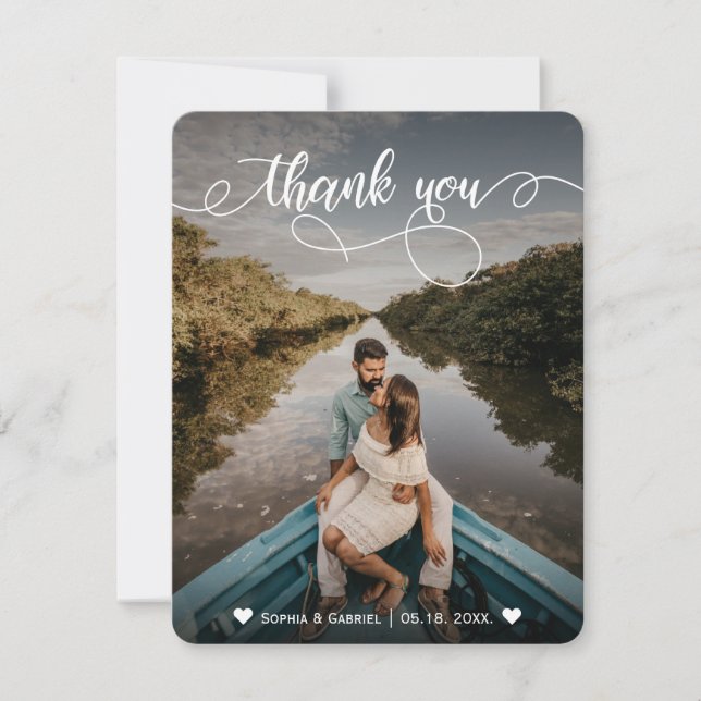 Elegant Hand Lettered Wedding Photo Thank You Card (Front)