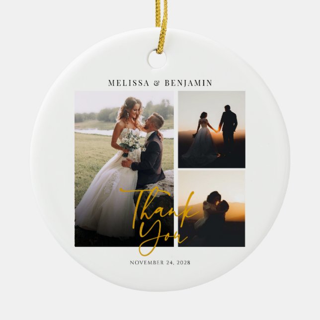 Elegant Hand-Lettered Wedding Photo Thank You Ceramic Ornament (Front)