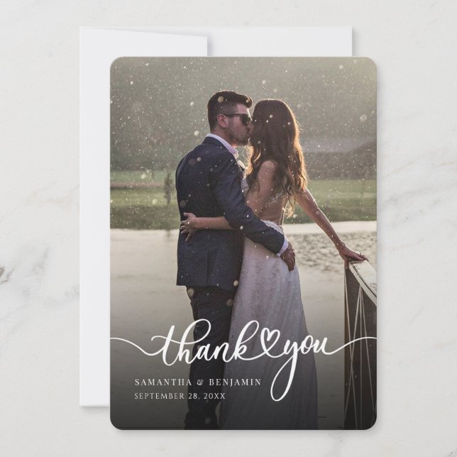 Elegant Hand-Lettered Wedding Photo Thank You Note Card (Front)