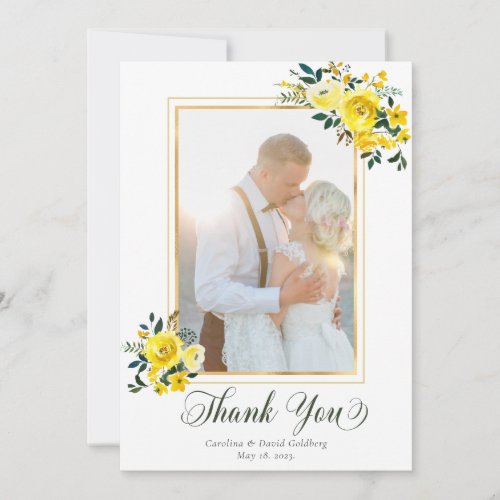 Elegant Hand Lettered Yellow Rose Floral Photo Thank You Card