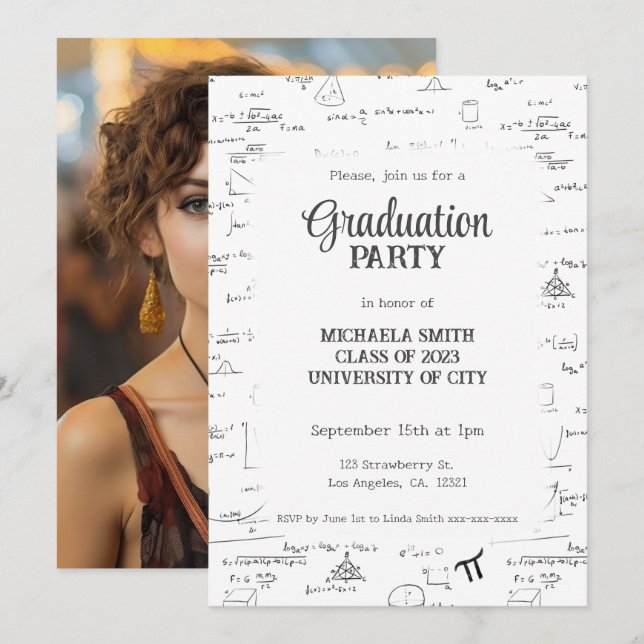 Elegant Hand-Lettering Mathematic Photo Graduation Invitation (Front/Back)