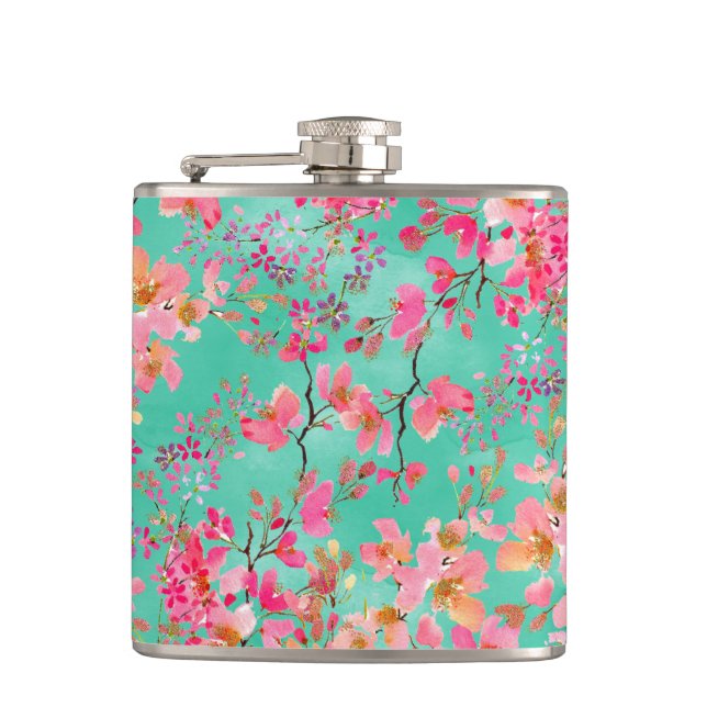 Elegant hand paint watercolor spring floral hip flask (Front)