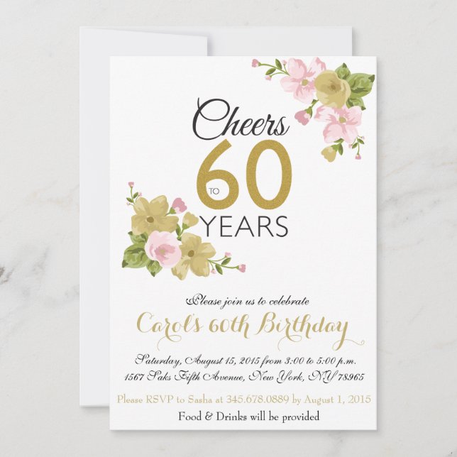 Elegant Hand Painted Flower 60th Birthday Invite (Front)