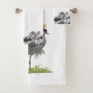 Elegant Hand Painted Grey Crown Crane Bath Towel Set