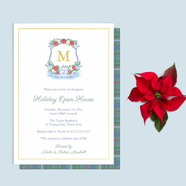 Elegant Hand Painted Holidays Open House Party Foil Invitation (Real foil red blue white Chinoiserie style crest invite for Christmas Holidays Open House Party)