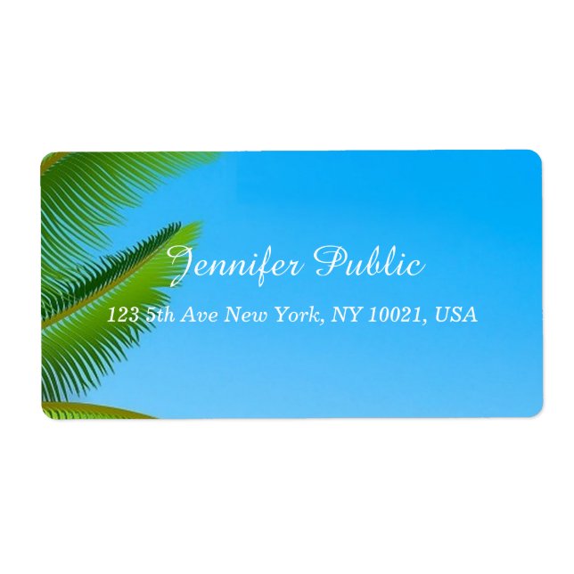 Elegant Hand Script Template Blue Sky Palm Leaves Label (Front)