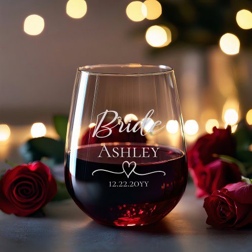 Elegant Handdrawn Heart Bride Name Stemless Wine Glass