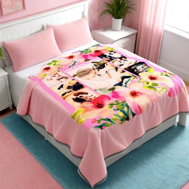 Elegant Handmade Watercolor Rose Photo Collage Fleece Blanket (Cute photo collage floral blanket)