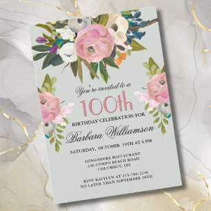 Elegant Handpainted Floral 100th Birthday Party  Invitation