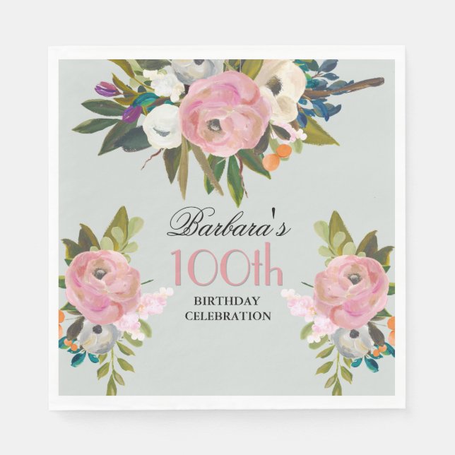 Elegant Handpainted Floral 100th Birthday Party  Napkins (Front)